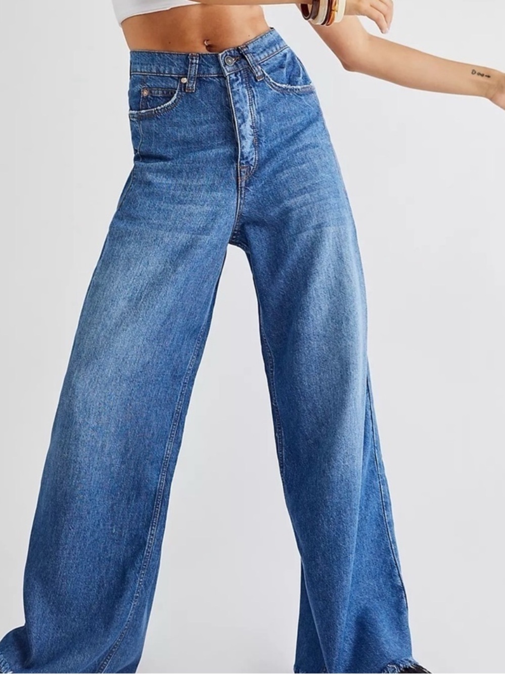 Free People Old West Slouchy Wide Leg Jeans Blue 24 SHORT